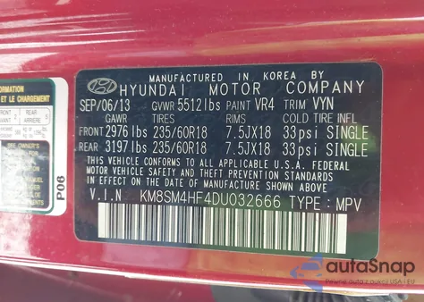 2013 Hyundai Santa Fe Gls из США, поврежденный, VIN KM8SM4HF4DU032666